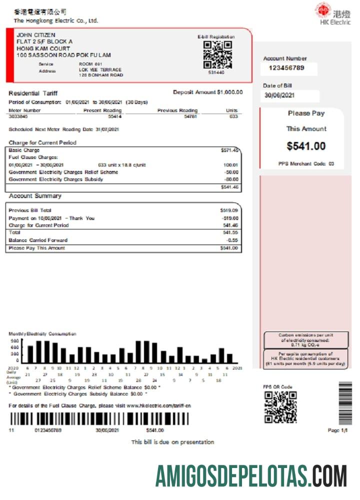 Conta de serviços públicos da empresa elétrica de Hong Kong Hong Kong exemplo real